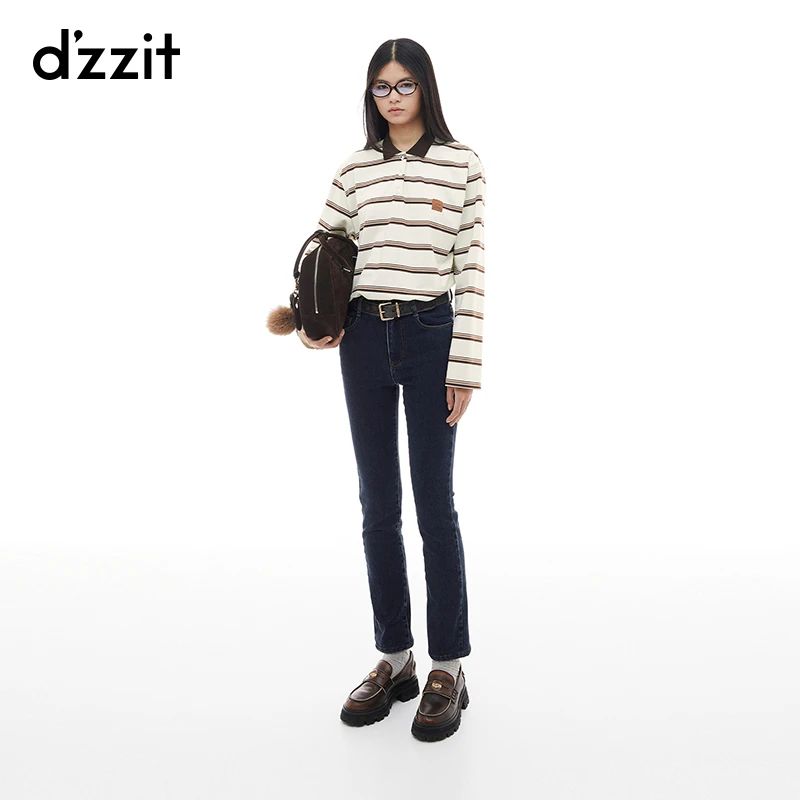 dzzit地素长袖T恤24冬新款休闲条纹Polo领棉质上衣女3I4B5212B