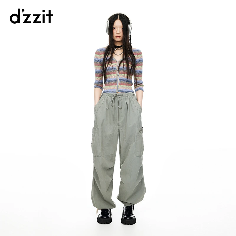 dzzit地素工装裤夏季深绿色薄荷曼波棉质宽松系带长裤女3I2Q4211Q