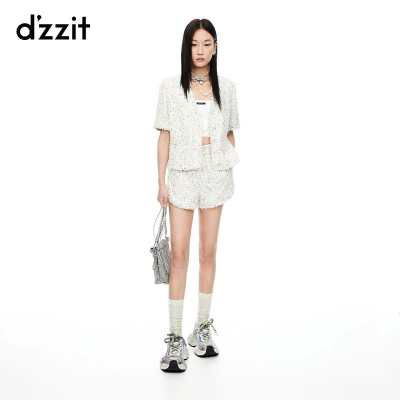 dzzit地素短外套夏季小香风粗花呢毛边短袖上衣女3I2F41219