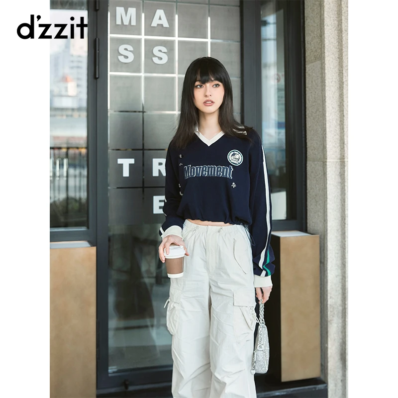 dzzit地素针织套衫春秋美式复古下摆抽绳调节上衣女3I1E4271T