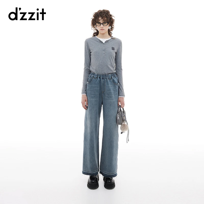 dzzit地素牛仔裤冬季松弛感松紧腰毛边设计阔腿裤女3I4R8021S