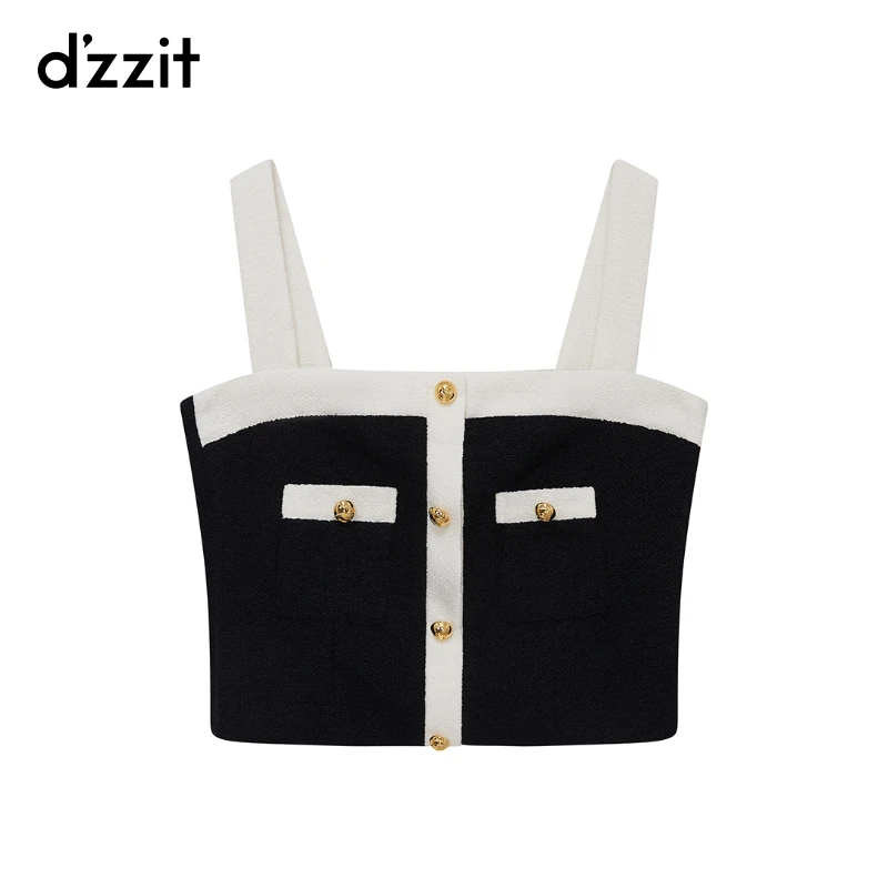 dzzit地素吊带背心夏季小香风粗花呢撞色小上衣女3I2D1061A