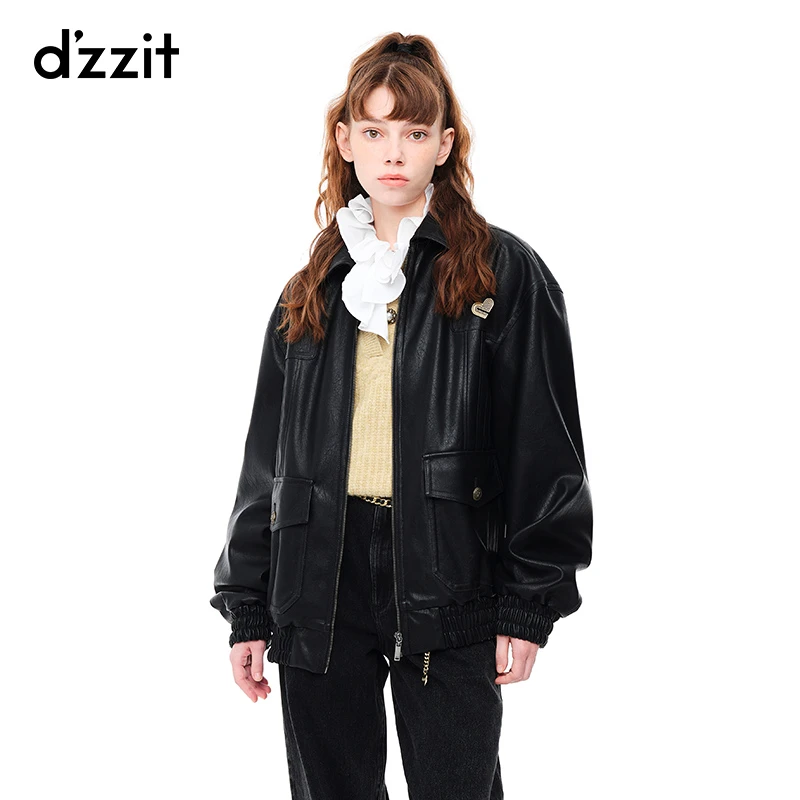 dzzit地素百搭高街潮流口袋黑色夹克大廓形PU皮革外套女3E4F4471A