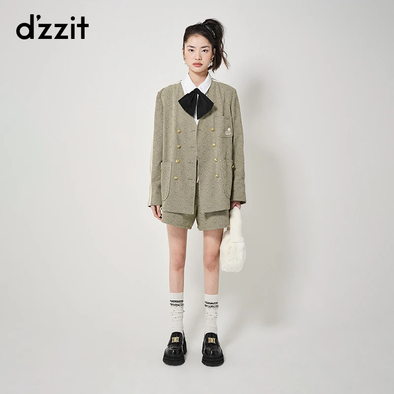 dzzit地素满印印花外套春秋通勤气质V领双排扣宽松女3H3F5056N
