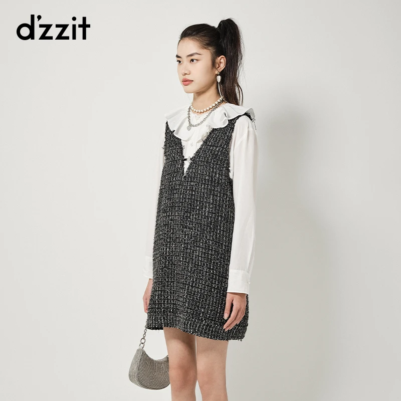 dzzit地素v领无袖连衣裙春秋小香风宽松背心裙外搭女3H3O3651A