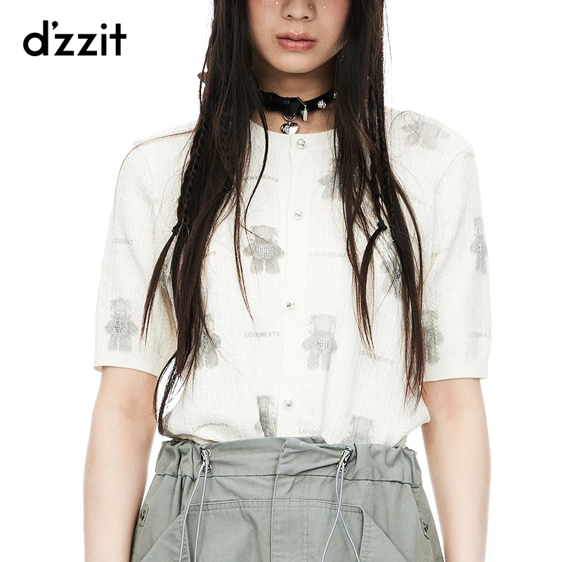 dzzit地素短袖针织衫夏季圆领烫钻设计开衫上衣女3I2E5236B