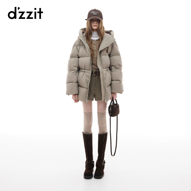 dzzit地素羽绒服冬季老钱风收腰连帽茧型中长外套女3I4K3276N