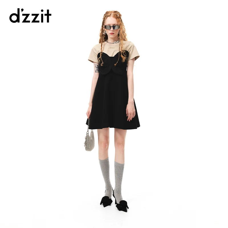 dzzit地素夏甜酷少女芭比假两件绣花蝴蝶工艺女装连衣裙3H2O4561A