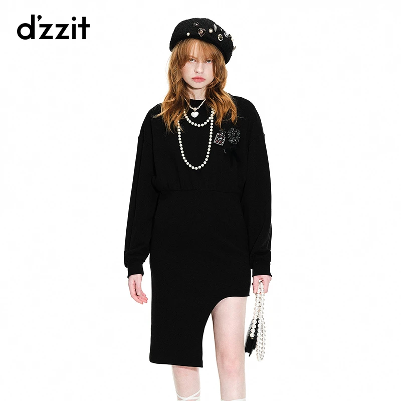 dzzit地素春秋胸针装饰不规则黑色雅丹风长袖连衣裙女3H1O6301A