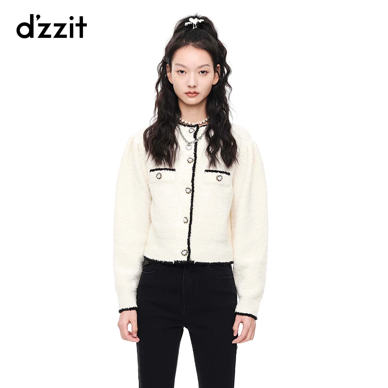 dzzit地素春夏小香风羊腿袖百搭爱心纽扣圆领针织开衫女3E4E5081B
