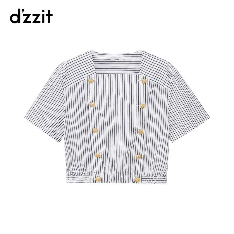 【诗语专属】dzzit地素条纹短袖小上衣夏季摩登方领双排扣箱型女