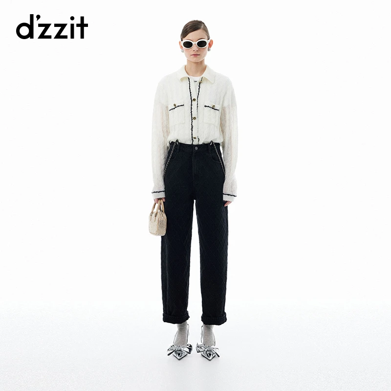 dzzit地素长袖针织衫简约羊毛混纺撞色开衫女3I3E5421B