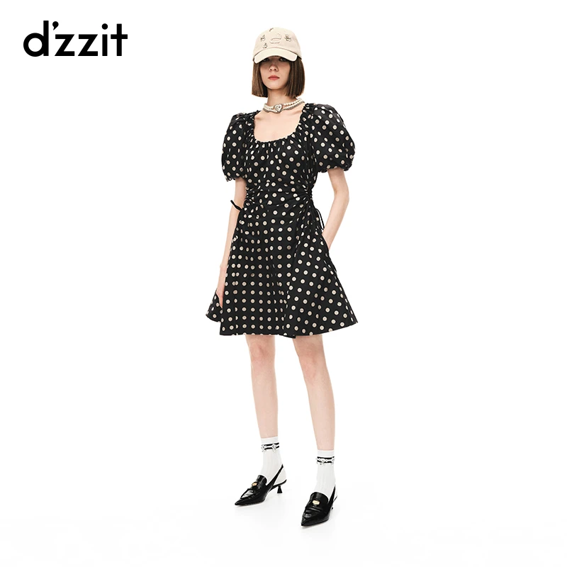 dzzit地素波点印花连衣裙夏季泡泡袖法式尤莱特短裙女3H2O4304A
