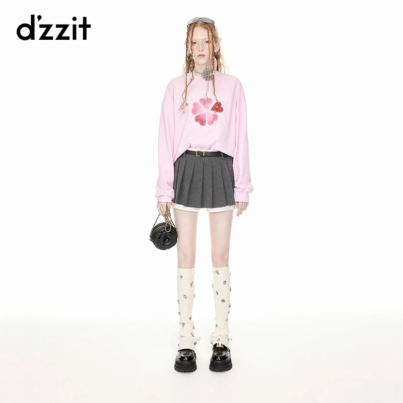 dzzit地素宽松卫衣春秋钉珠爱心印花圆领休闲上衣女3I1B5361U