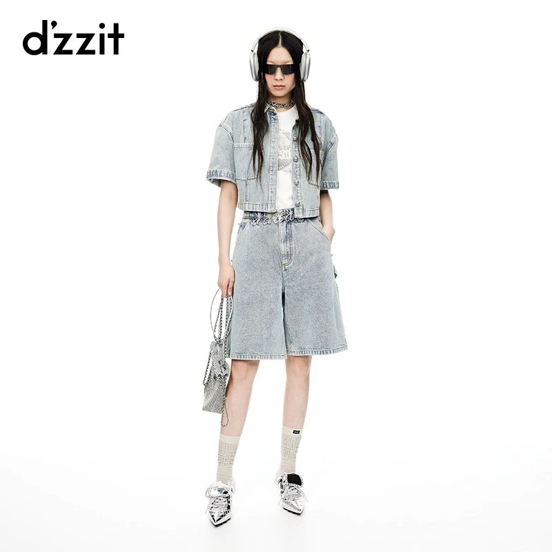 dzzit地素牛仔衬衫夏季时髦爱心胸针设计短袖上衣女3I2RC041R