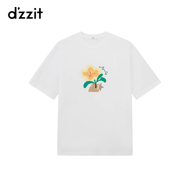 dzzit地素花瓶印花T恤夏季时尚简约白色短袖上衣女3H2B3241C