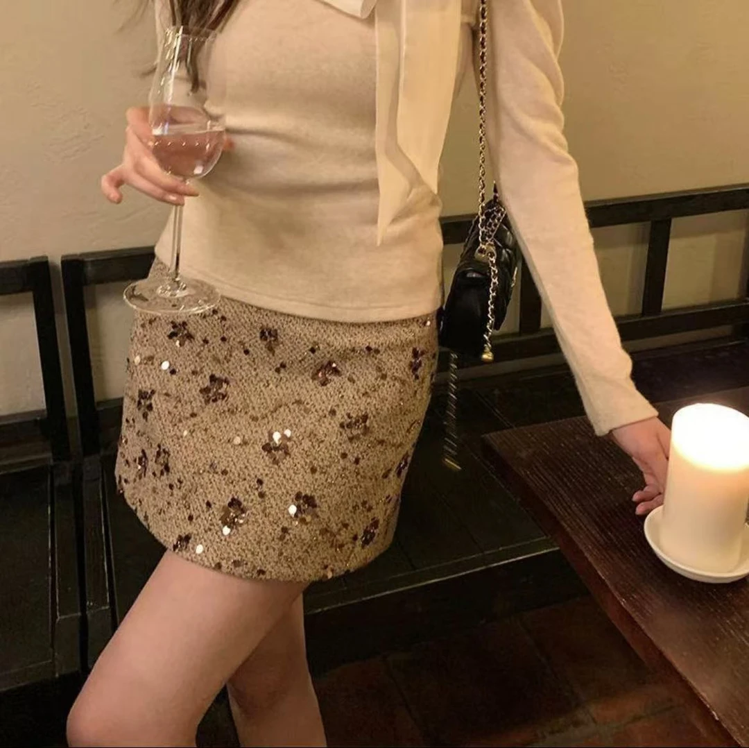 【焦点半裙】秋冬编制小香亮片后腰拉链有安全裤气质中高腰半裙X