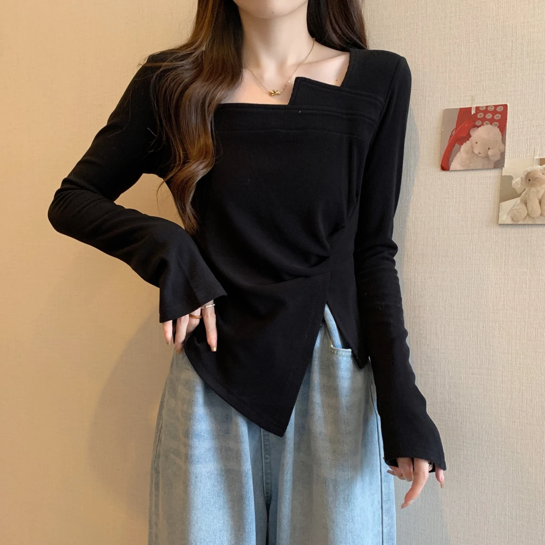 大码不规则设计感长袖t恤女春秋新款胖mm遮肚显瘦洋气打底衫上衣