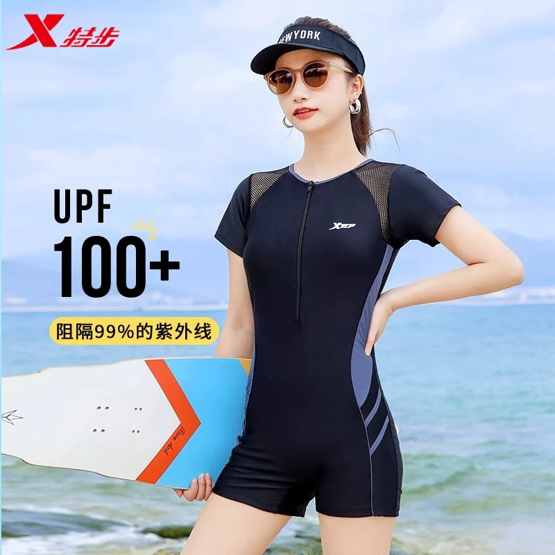 特步泳衣女专业连体平角2025年新款遮肚保守运动训练大码温泉泳装