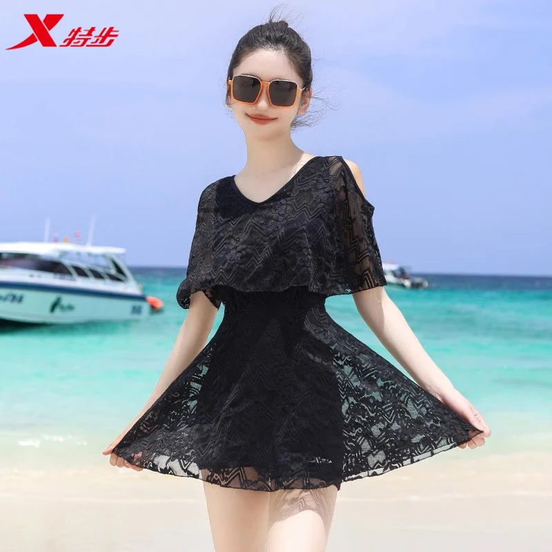 特步泳衣女款2025新款网红款遮肚显瘦连体裙式保守又好看运动泳装