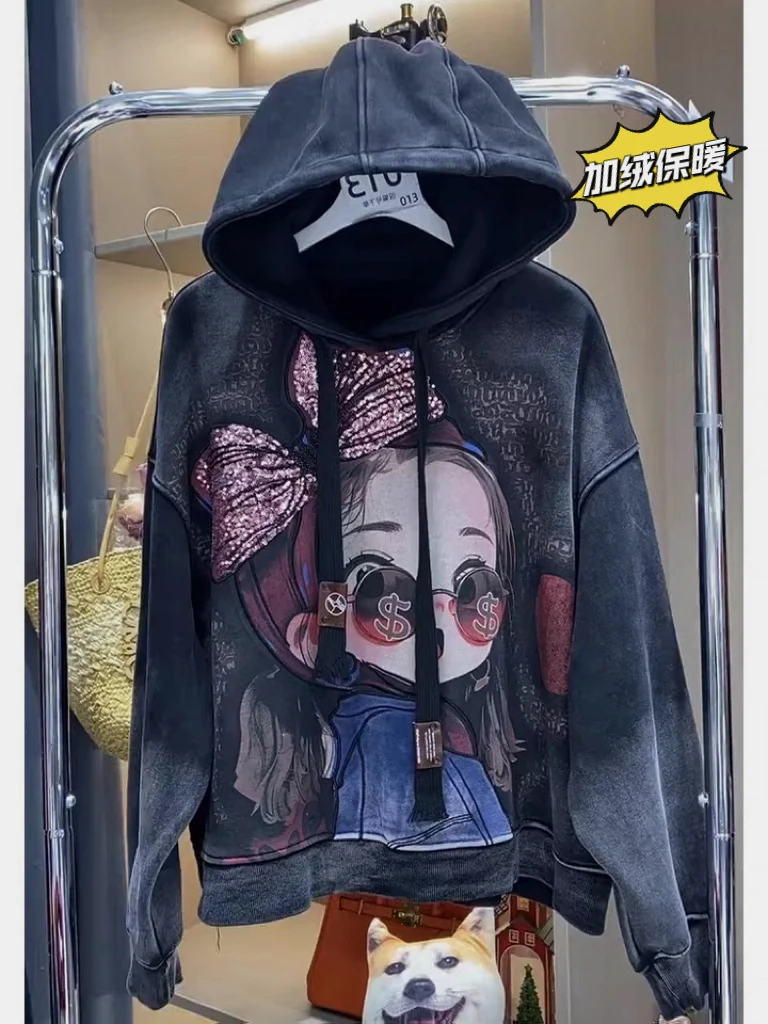 暴富小女孩一秋冬欧货重工刺绣连帽卫衣女松弛感长袖加绒时尚013