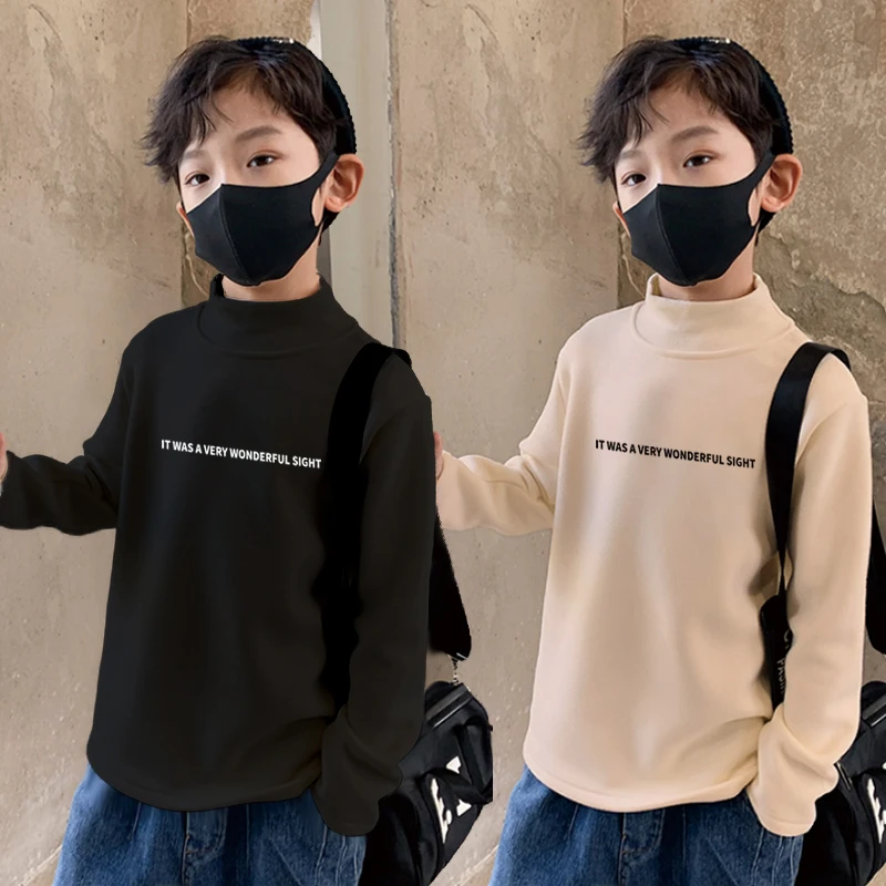 男童打底衫双面德绒儿童保暖内衣新款中大童帅气长袖t恤上衣高领