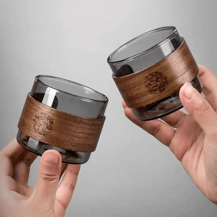 （两只装）耐热玻璃主人杯茶杯家用小杯子带防烫木片杯子