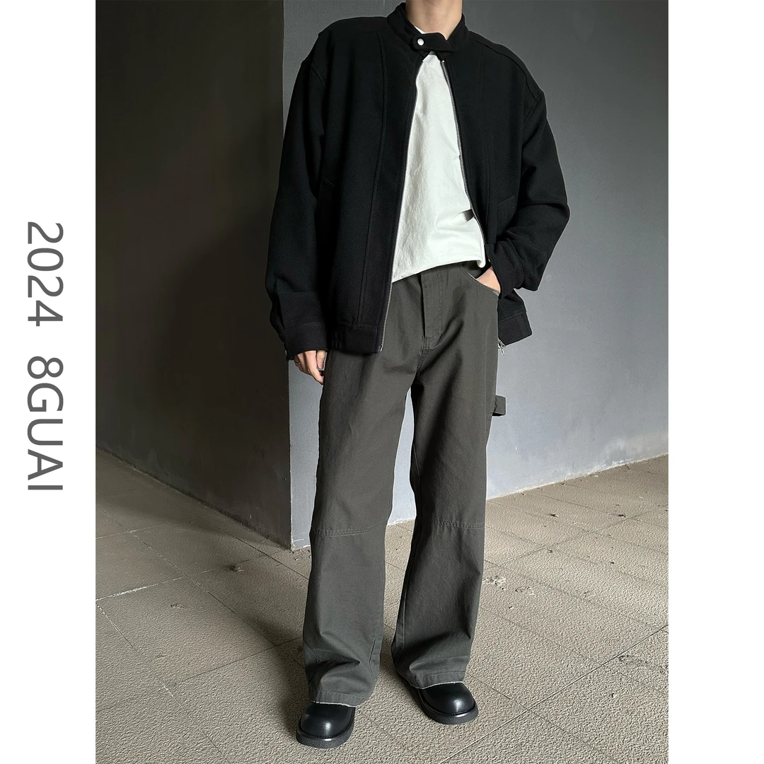 8GUAI（断码清仓）纯棉直筒百搭休闲长裤堆积感潮流工装裤宽松磨破