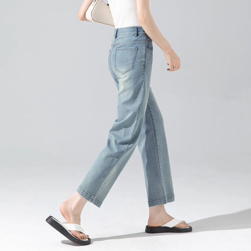九分烟管裤女夏季薄款天丝怀旧复古水洗牛仔裤显瘦冰丝垂感直筒裤