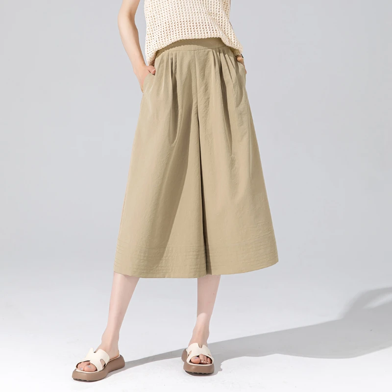 卡其色裙裤女夏季薄款2024新款冰丝阔腿裤女高腰垂感宽松七分裤子