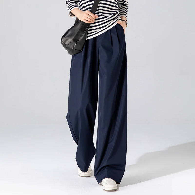 舒柔特免烫抗皱阔腿裤女早秋新款宽松藏蓝色垂感裤子女休闲直筒裤