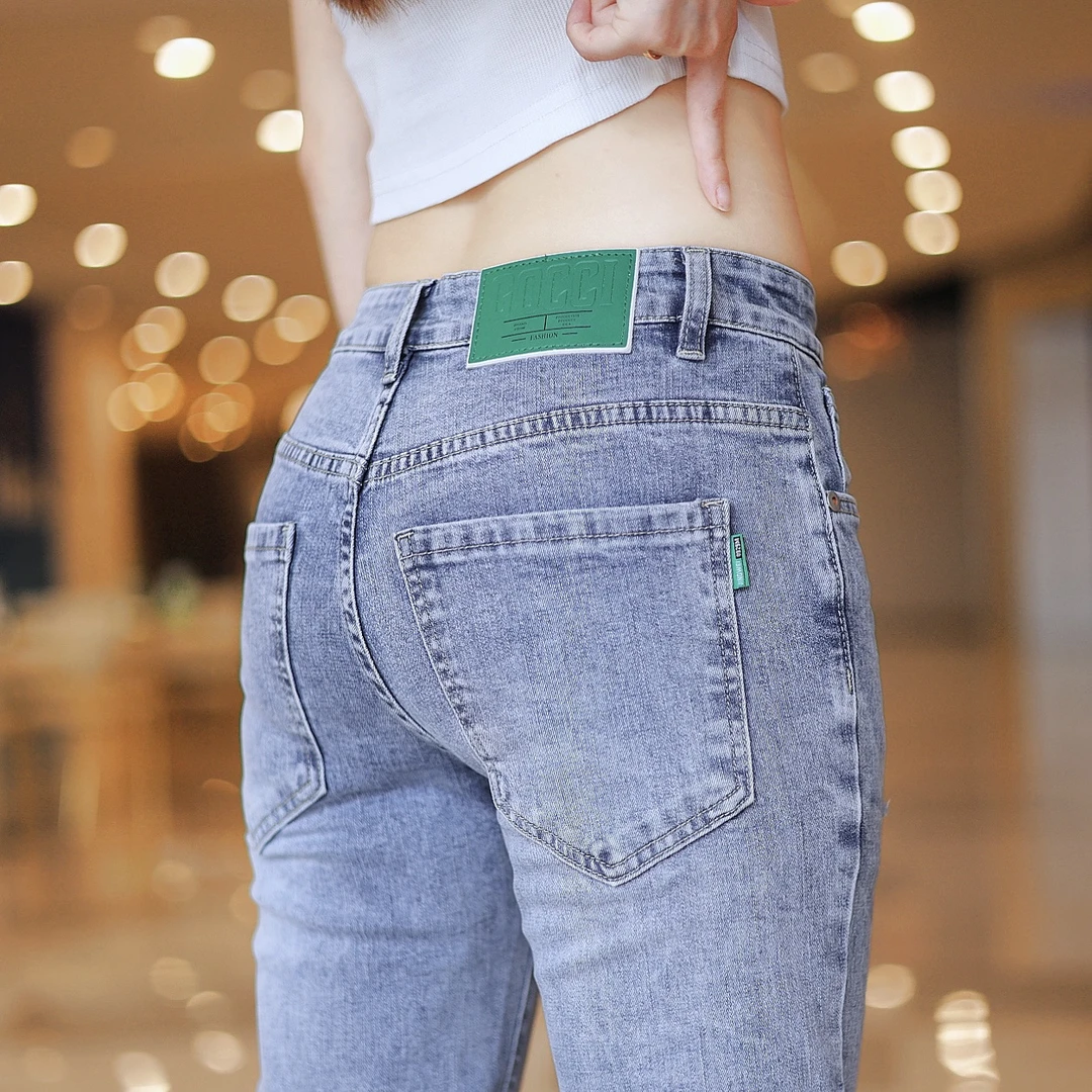 男士男款破洞九分牛仔裤新款弹力显瘦裤子蓝色修身男士男款牛仔裤