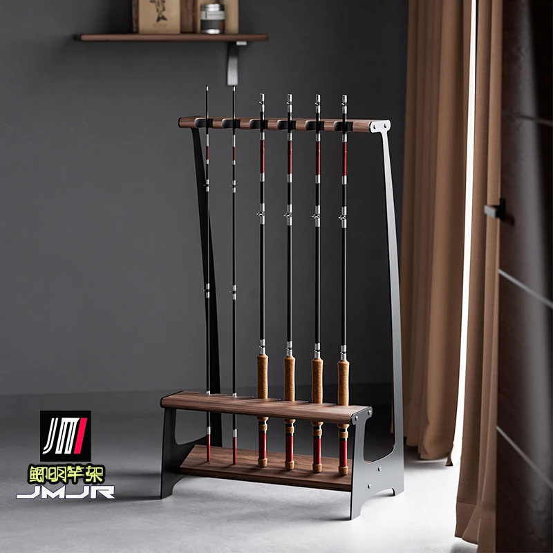 鲫明高端胡桃木鱼竿收纳架展示架路亚竿收纳架家用壁挂摆放架渔具