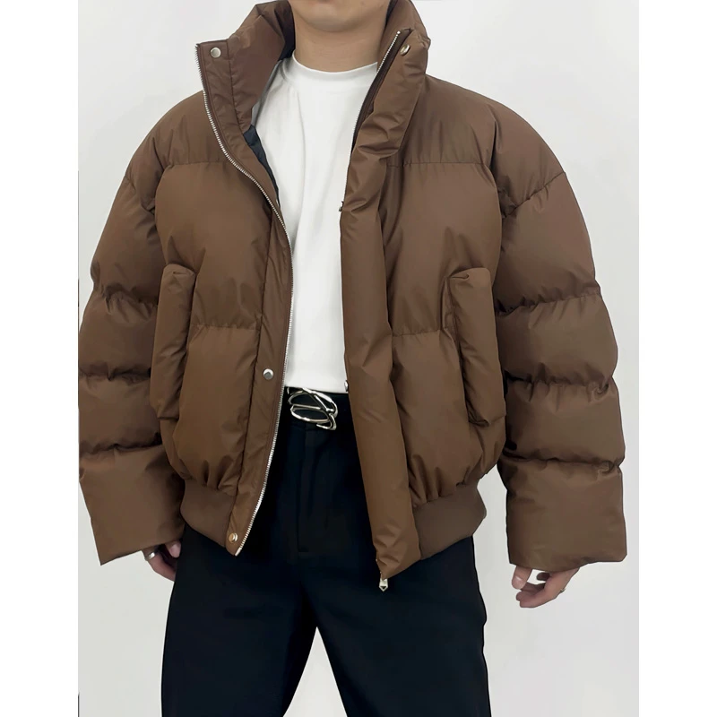 冬季潮牌设计感立领短款棉服外套男美式高街皮质情侣cleanfit棉衣