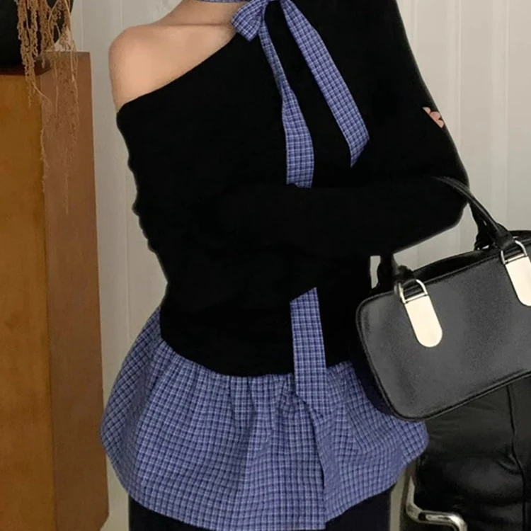 【胖桃推荐 】微胖mm纯欲风辣妹性感斜领露肩设计感小众飘带蝴蝶结