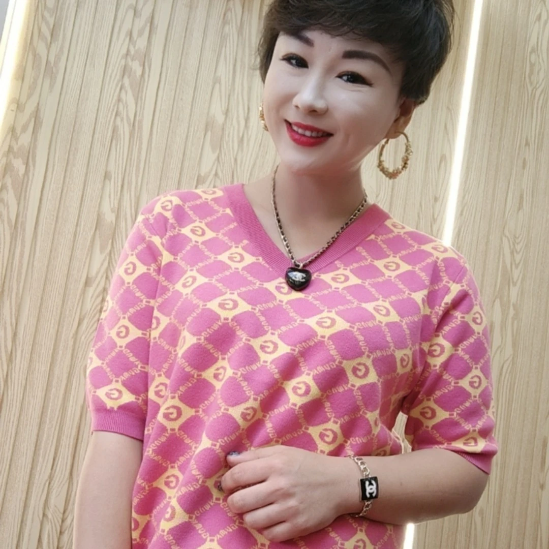 【现货】香港古乔品牌古曼蔻系列字经典粉提花短袖针织衫51544上衣