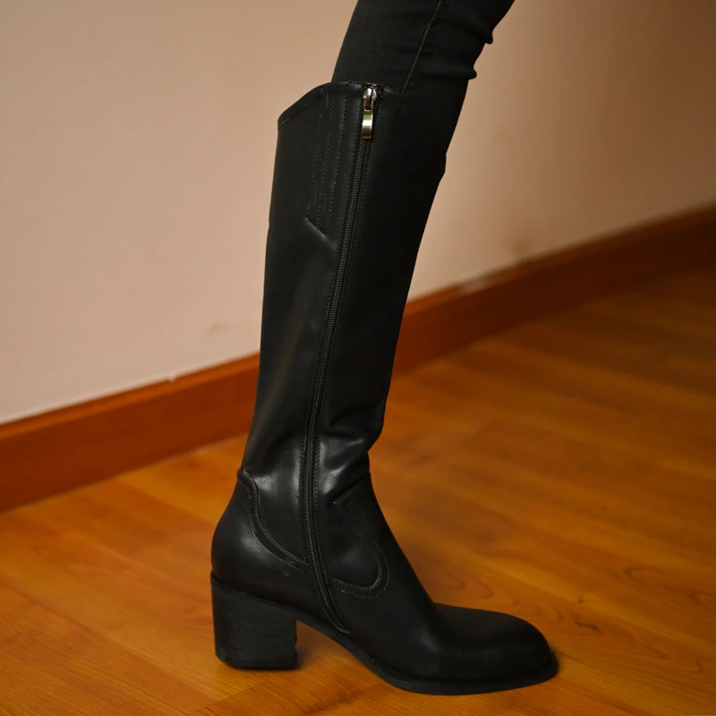 TOUCH MISS小众设计师真皮不过膝高筒骑士靴女圆头中粗跟高筒长靴