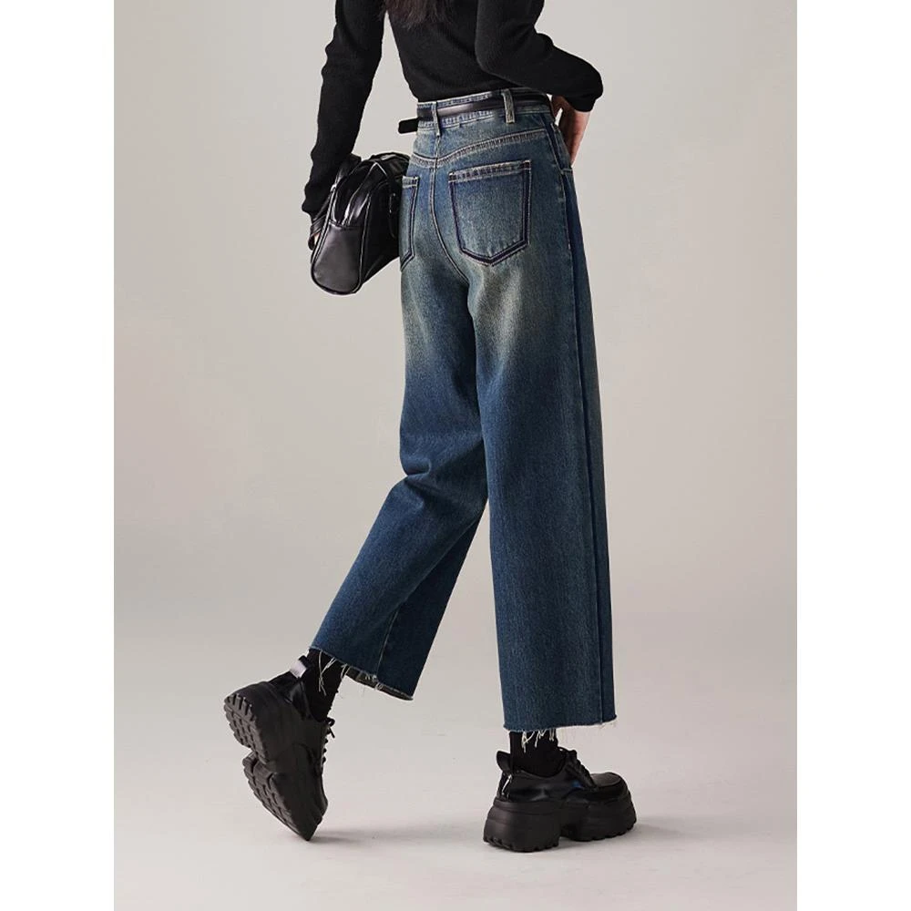 TOUCH MISS时髦毛边高腰牛仔裤女轻奢简约冬季新款美式宽松阔腿裤