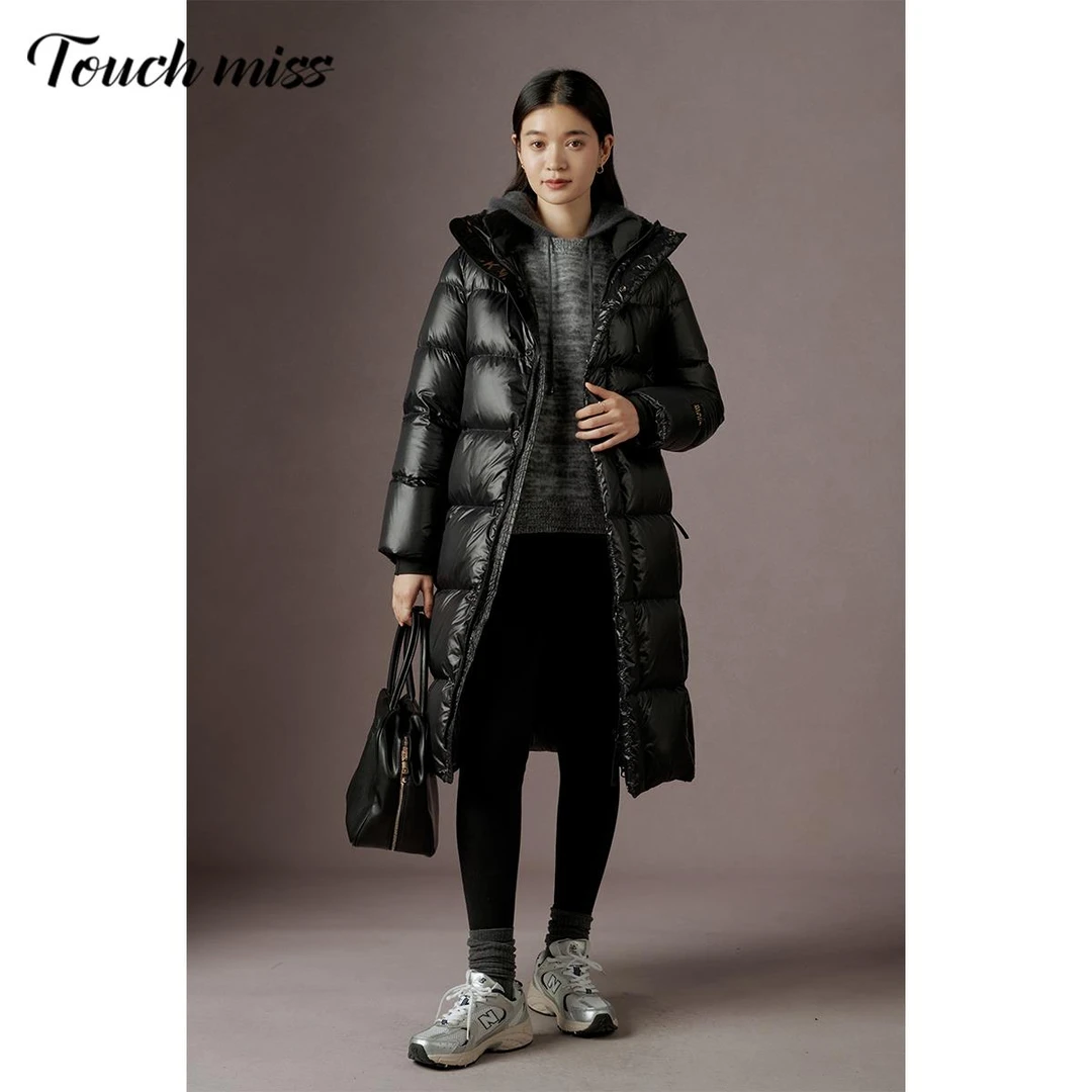 TOUCH MISS 轻奢黑金白鹅绒羽绒服女中长款2025冬季新款时尚连帽