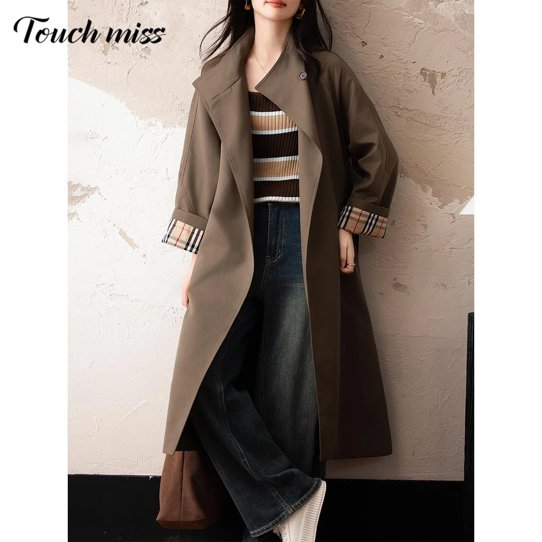 TOUCH MISS时尚女装日系休闲长款风衣外套女秋季新款格子翻袖上衣
