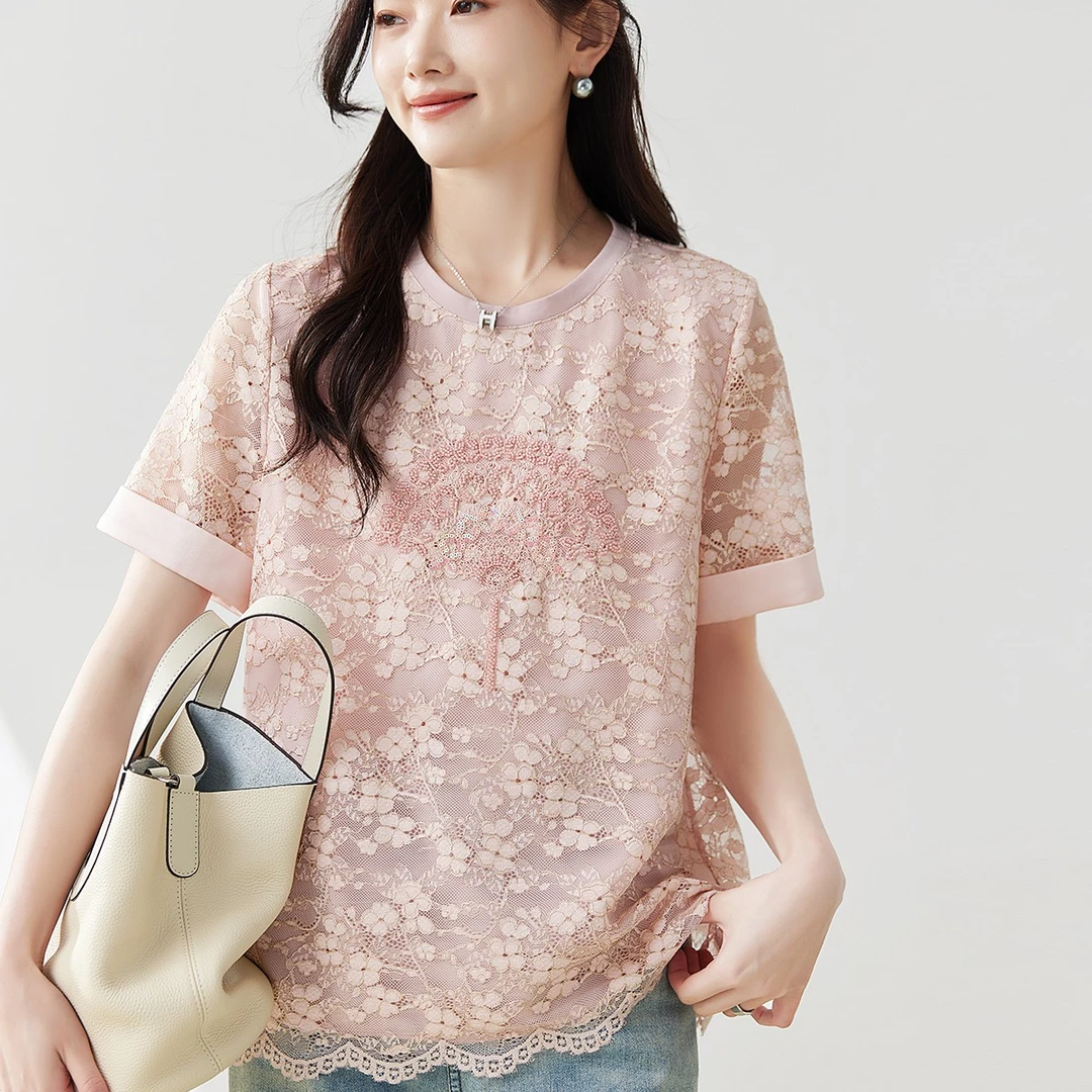 Touch Miss粉色新中式镂空蕾丝衬衫女秋新款洋气显瘦上衣TM2377GY