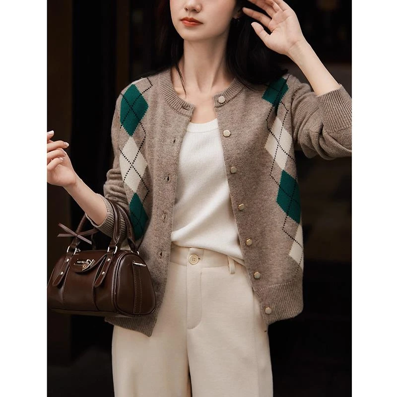 TOUCH MISS时髦撞色设计感针织上衣洋气2025年冬季新款含羊毛开衫