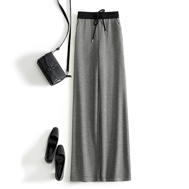 TOUCH MISS高端轻奢千鸟格格纹窄版阔腿垂感直筒裤拖地休闲裤女