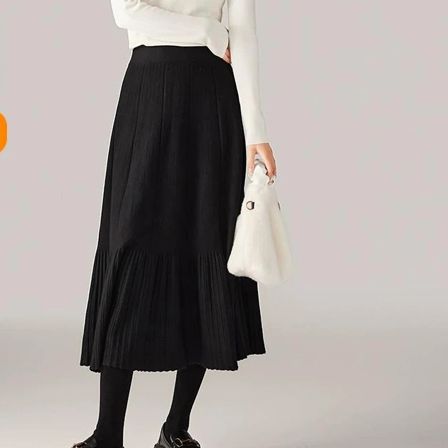 TOUCH MISS2025冬季中长款半身裙女松紧腰通勤纯色百搭气质A字裙