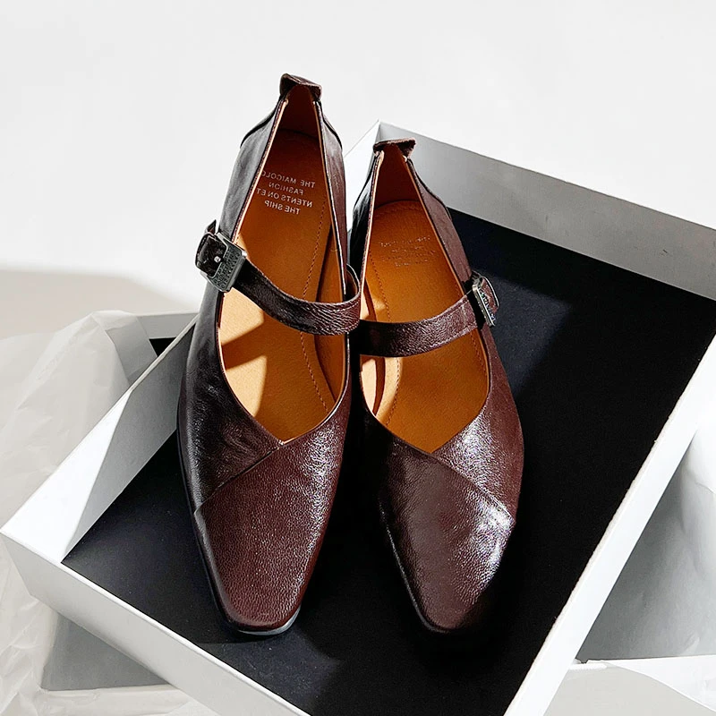 TOUCH MISS小众气质羊皮交叉绑带玛丽珍鞋女复古方头浅口低跟单鞋