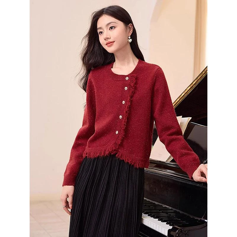 TOUCH MISS小香风设计感红色开衫时尚2025冬季新款别致斜门襟外套