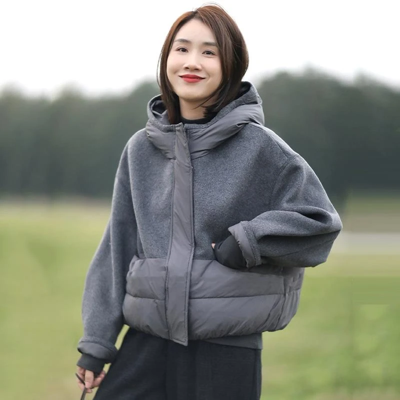 TOUCH MISS高级款加厚连帽羽绒服女爆款羊毛呢拼接时尚保暖外套