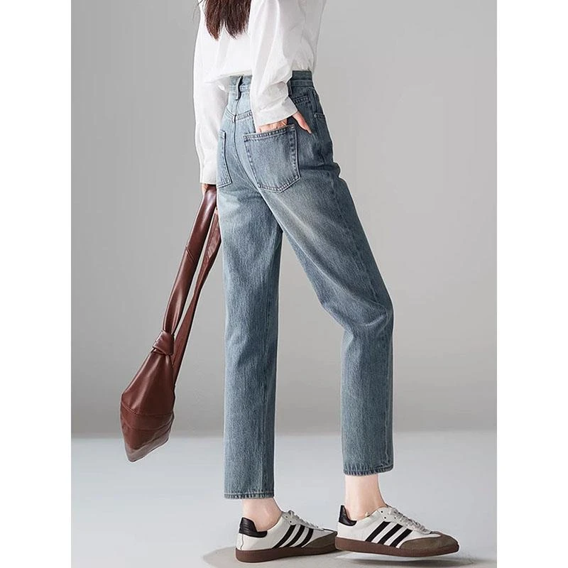 TOUCH MISS百搭纯棉显瘦直筒裤春秋季新款设计感高腰小脚牛仔裤女