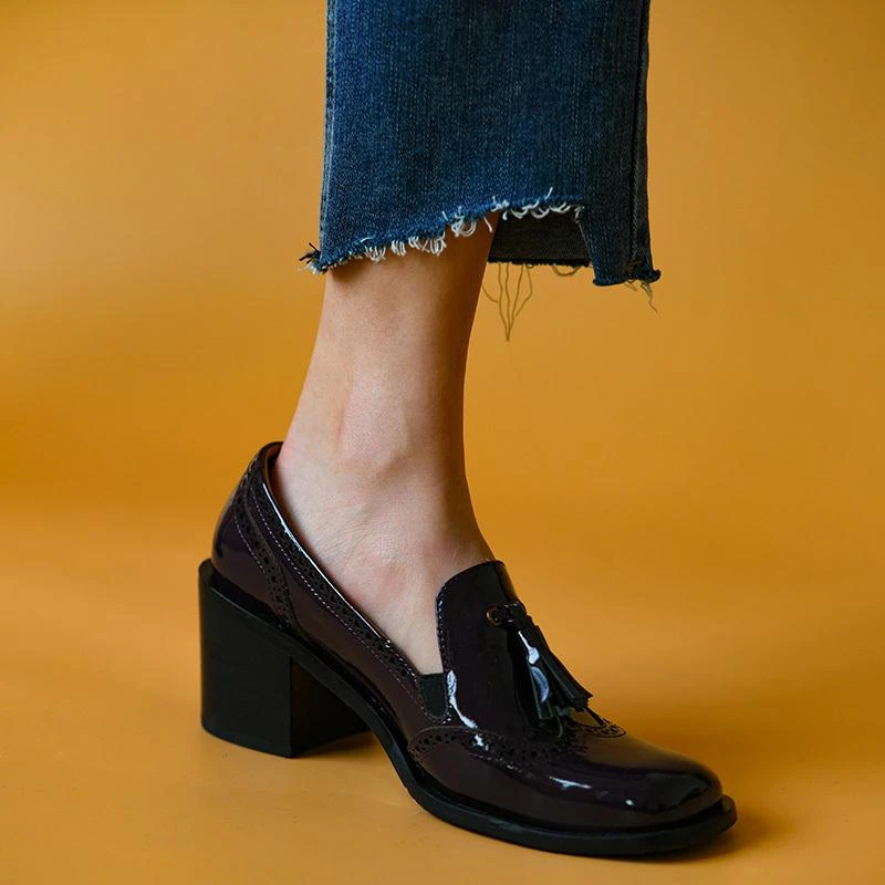 TOUCH MISS奢日本站百搭粗高跟单鞋女2025秋方头英伦风漆皮乐福鞋