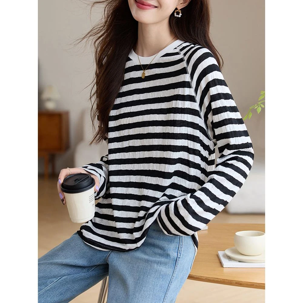 TOUCH MISS时尚简约薄款宽松打底上衣休闲春秋季新款撞色条纹长袖